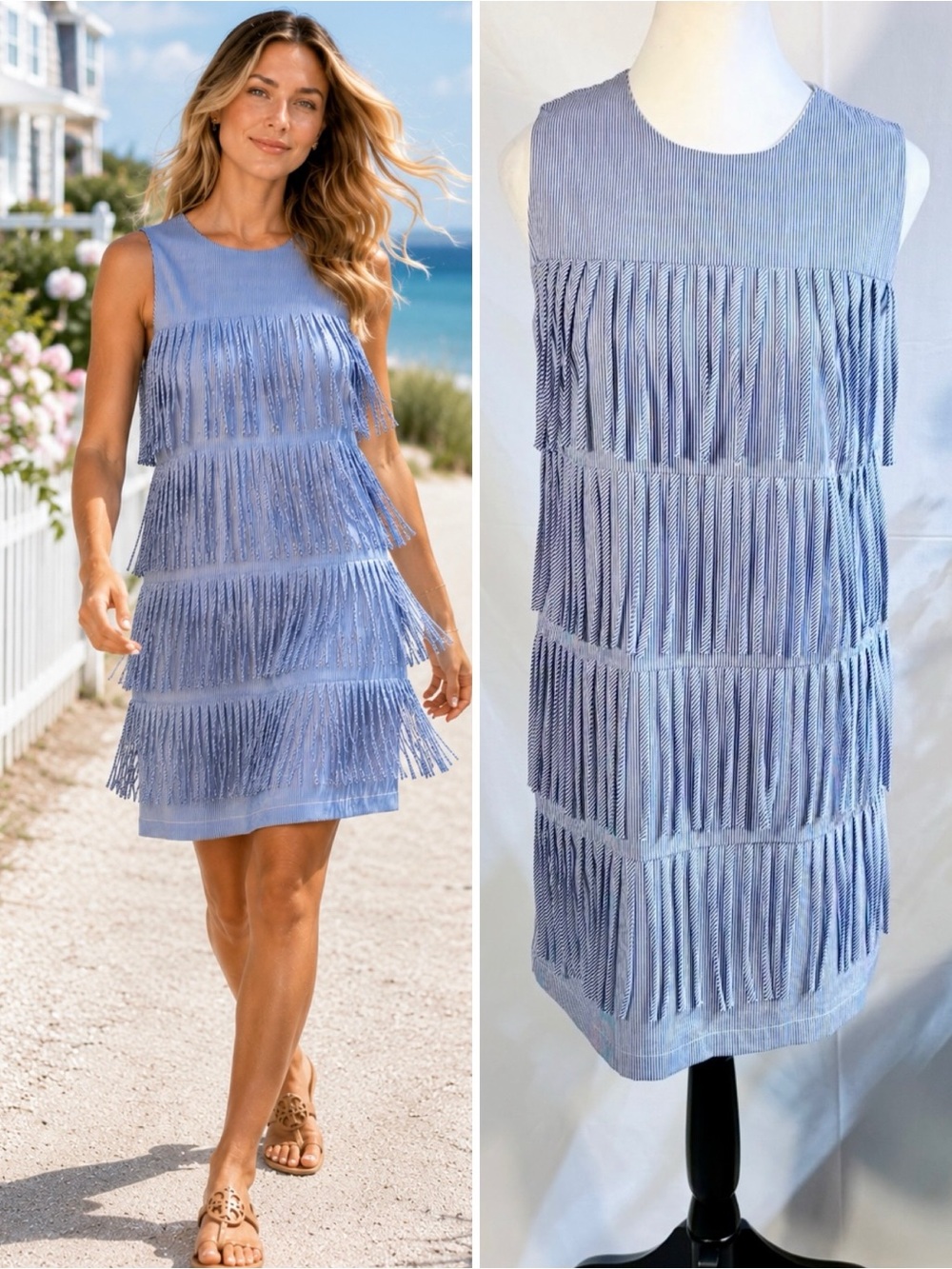 English Factory Blue & White Stripe Fringe Tiered Sleeveless Dress Sz Small 🧡